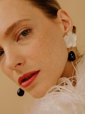 Lizzie Fortunato White Floral Drop Earrings with Black Teardrop Accent